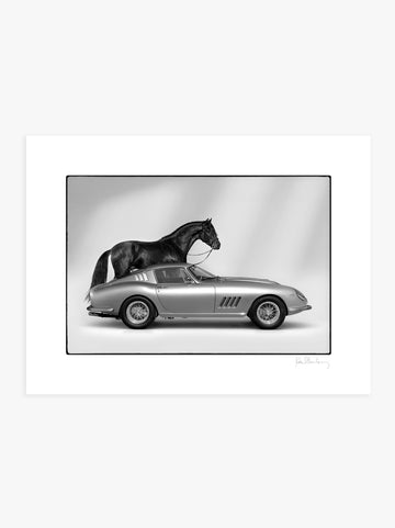 art print, Black and white fine art photograph of a black horse next to a Ferrari, part of Paul Fuentes’ Black & White Collection.