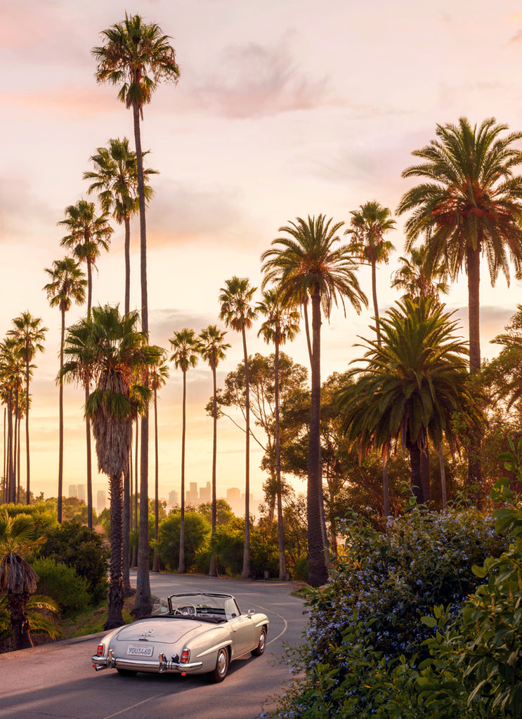 Vintage car cruising through Los Angeles at golden hour, fine art photography by Paul Fuentes.