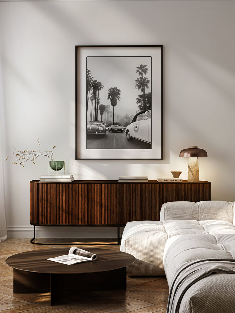 framed artwork. Black and white fine art photograph of vintage racing cars driving through the Hollywood hills, part of Paul Fuentes’ minimal and elegant Black & White Collection.