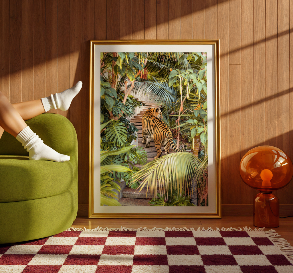 framed artwork, Tiger walking through a lush modernist jungle house, fine art print by Paul Fuentes.