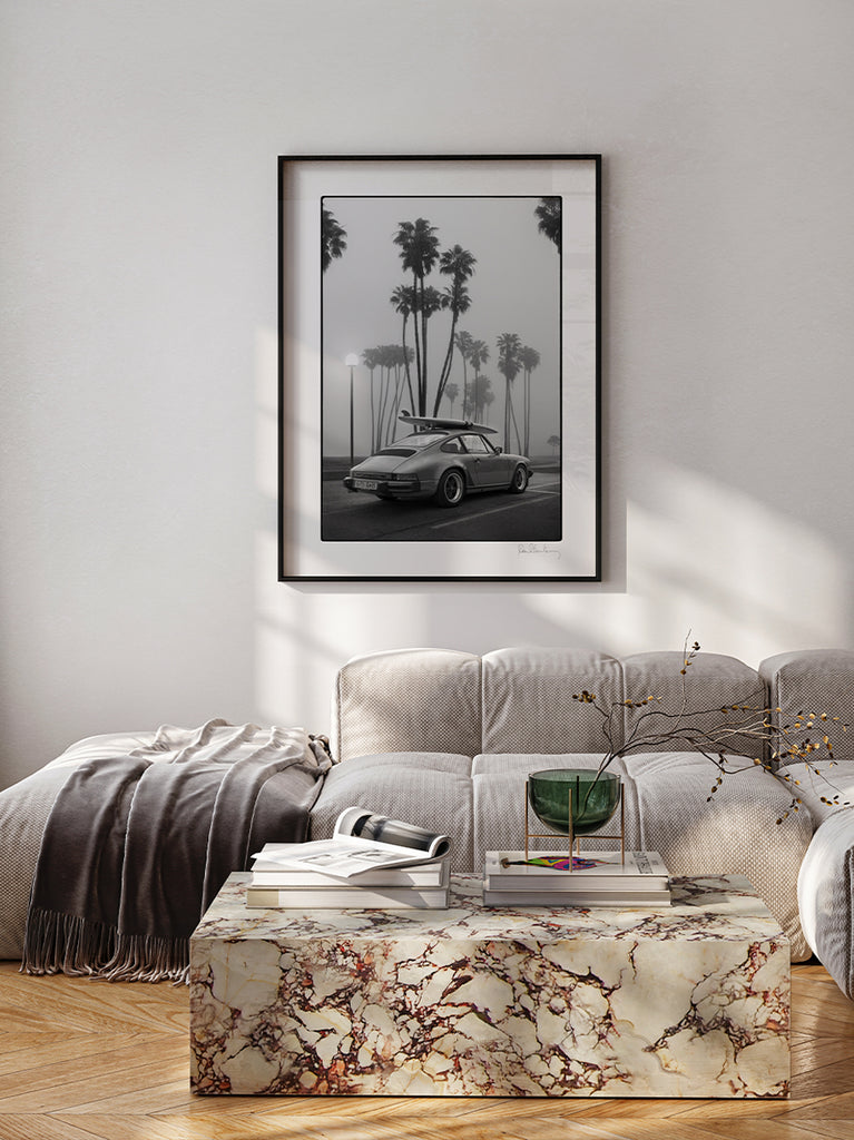 framed artwork. Black and white fine art photograph of palmtrees and a classic Porsche with surfboards on the roof on a foggy day. part of Paul Fuentes’ minimal and elegant Black & White Collection.