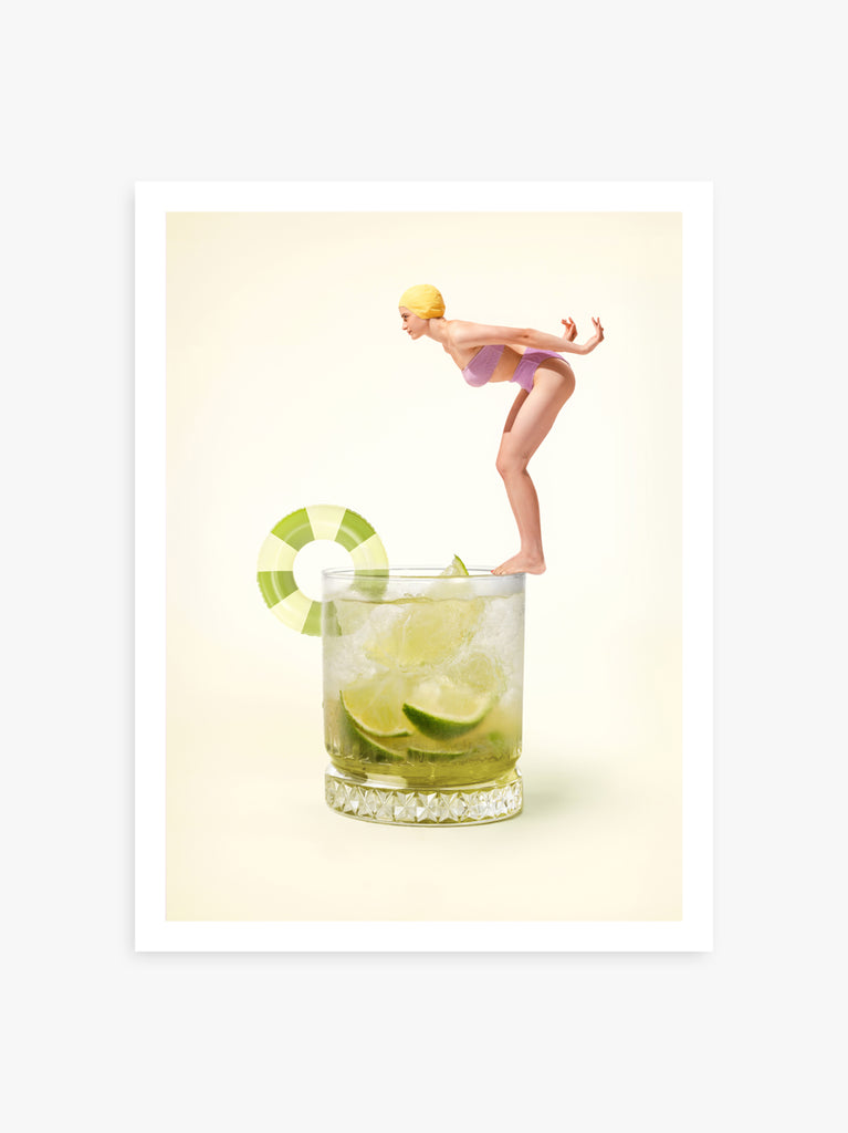 Caipirinha art print by Paul Fuentes with a vintage lady diving into a caipirinha cocktail on a green pastel background.