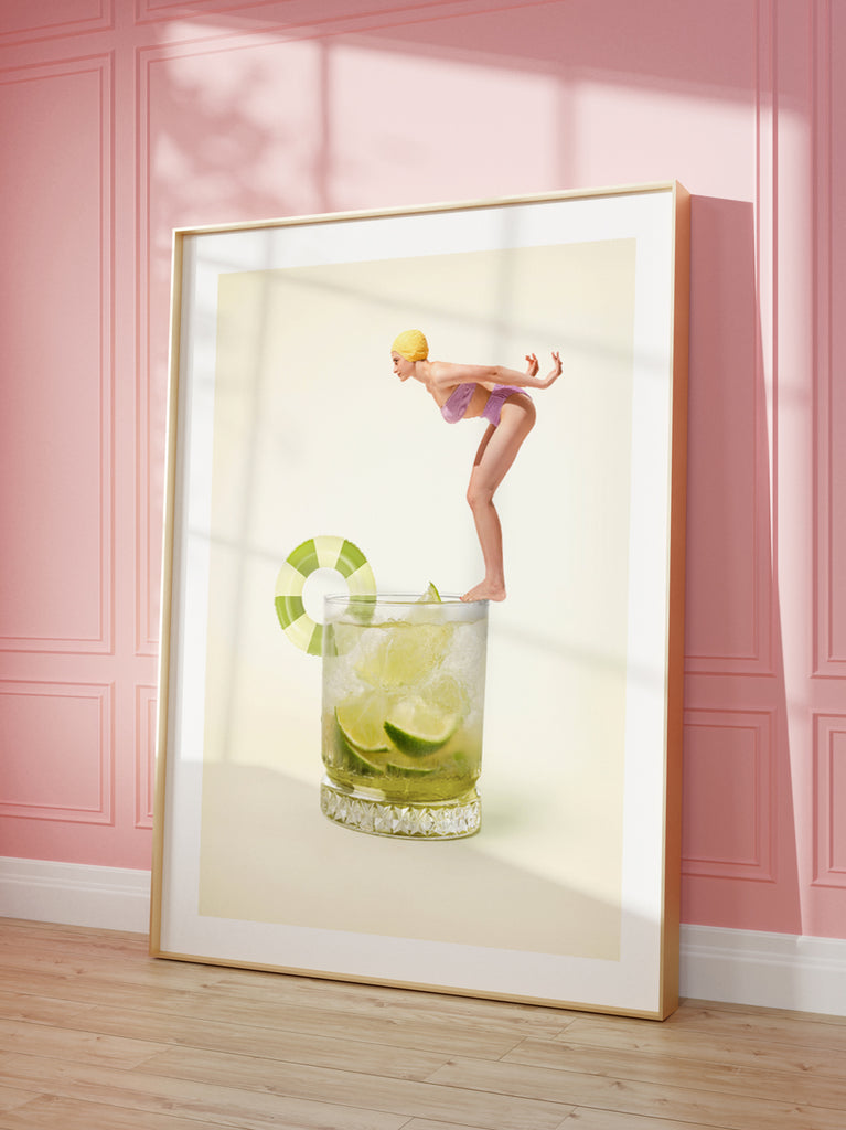 Caipirinha art print by Paul Fuentes with a vintage lady diving into a caipirinha cocktail glass on a pastel background.