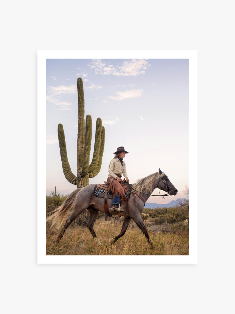 Cowgirl in desert landscape  and cactus. Stylish fine art print by Paul Fuentes
