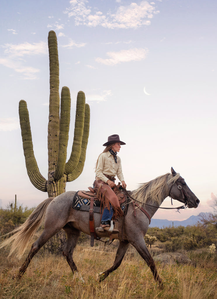 Cowgirl in desert landscape  and cactus. Stylish fine art print by Paul Fuentes