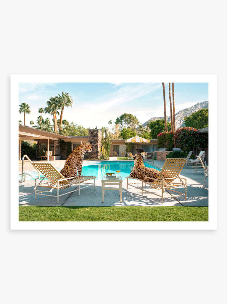 Two leopards lounging poolside in a Slim Aarons–inspired scene, fine art photography by Paul Fuentes.