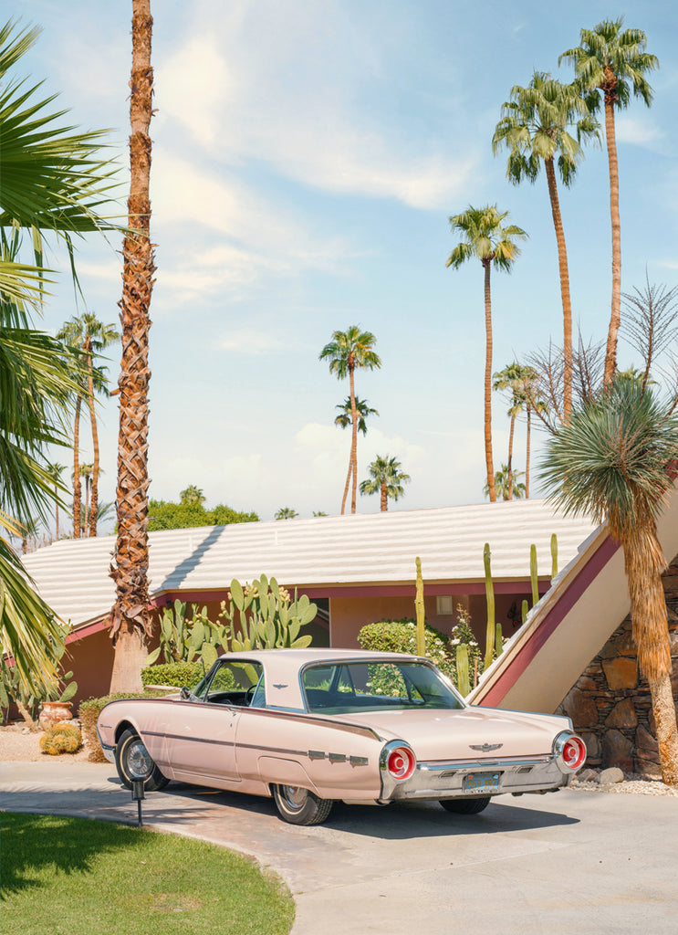 Fine rt photography by Paul Fuentes featuring a classic car, palm trees and desert canyon scenery.