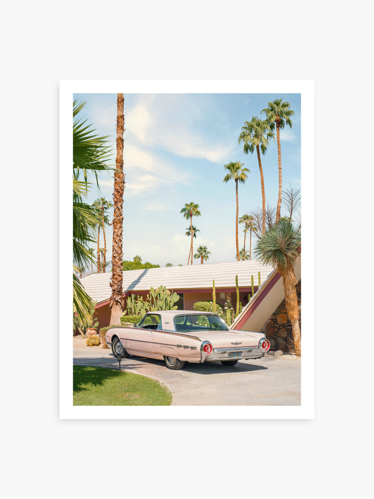 Indian Canyons art print by Paul Fuentes featuring a classic car, palm trees and desert canyon scenery.