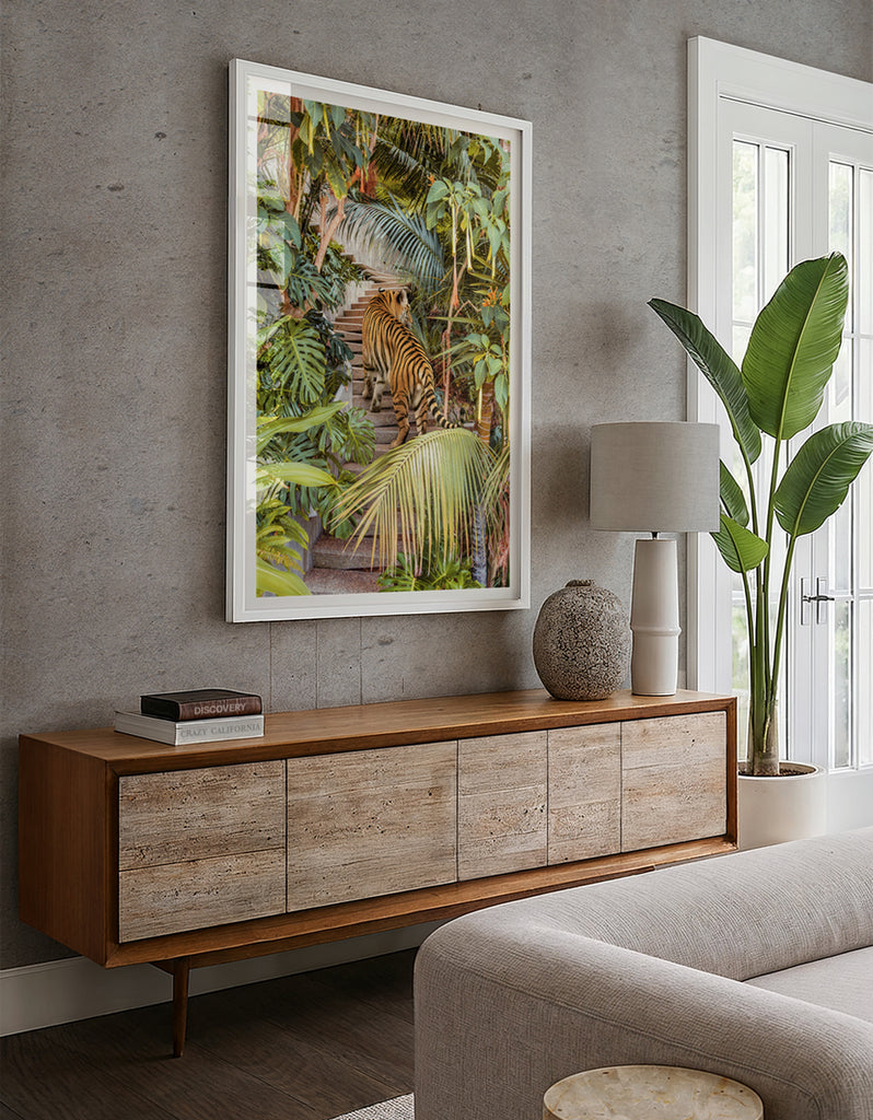 framed artwork of tiger walking through a lush modernist jungle house, fine art print by Paul Fuentes.