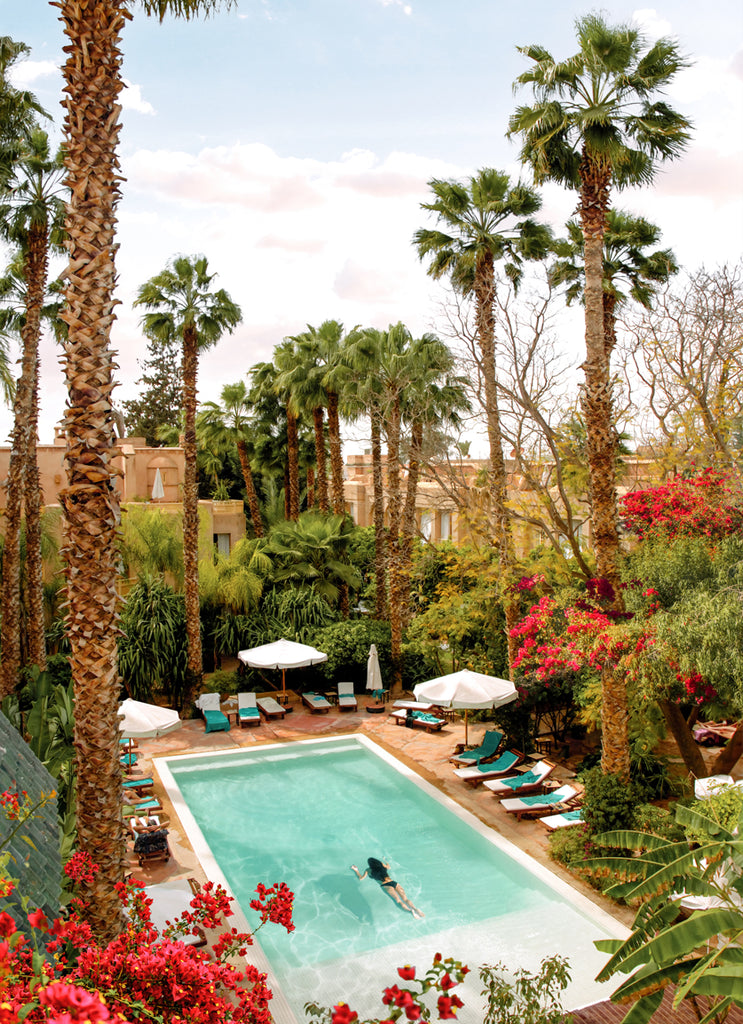 A framed print of a swimming pool surrounded by palm trees and flowers, fine art photography by Paul Fuentes