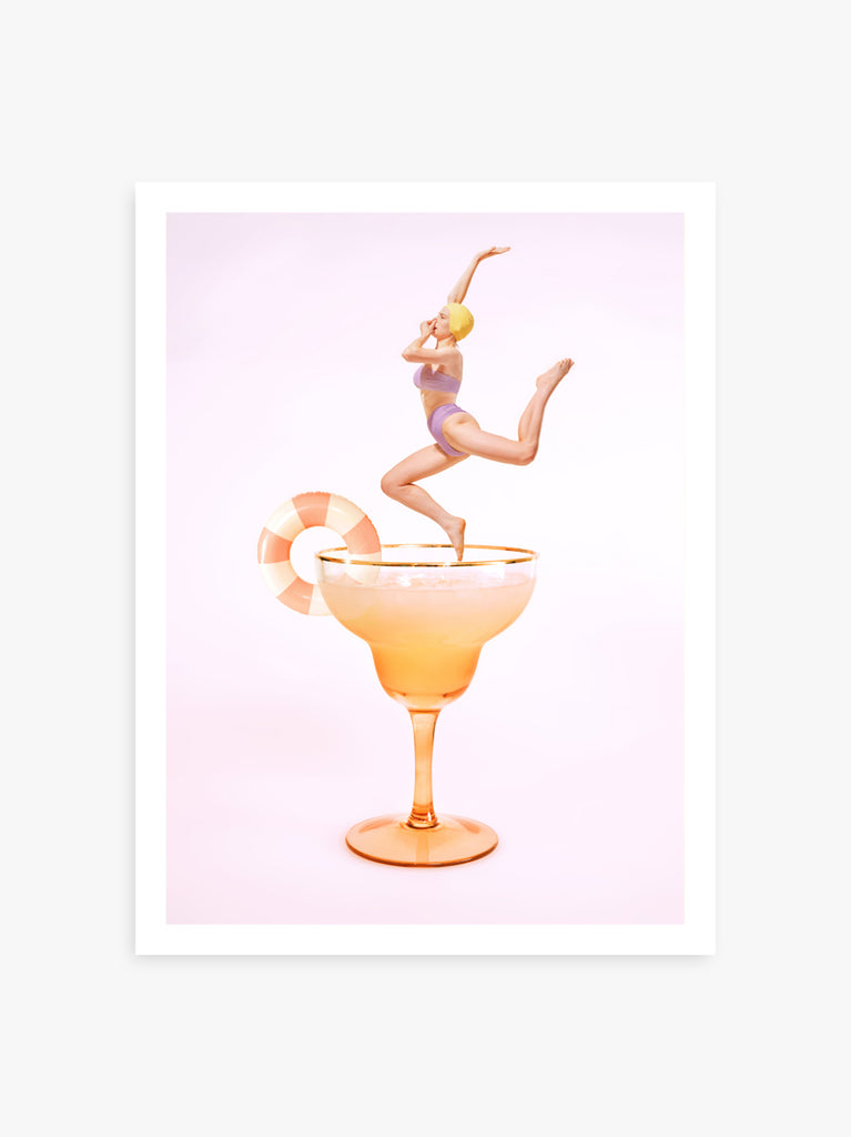 Margarita art print by Paul Fuentes featuring a vintage lady diving into a margarita cocktail on a pastel lila background.