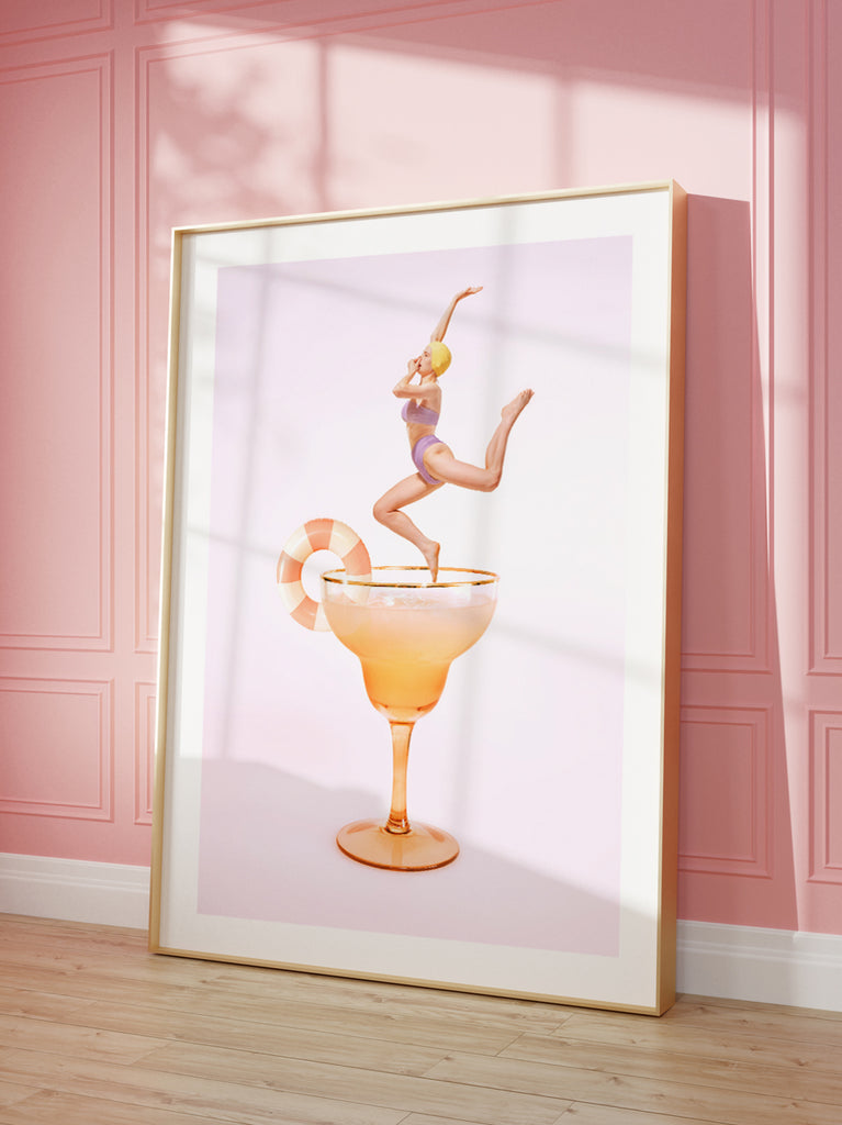 Margarita art print by Paul Fuentes featuring a vintage lady diving into a margarita cocktail on a pastel lila background.