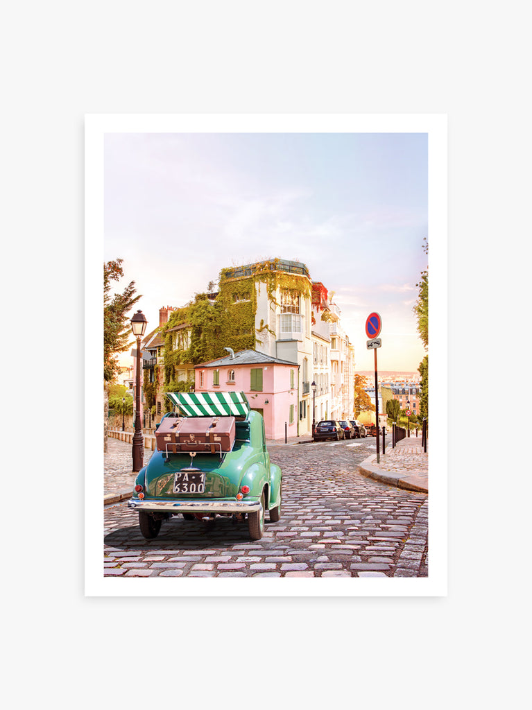 Montmartre art print by Paul Fuentes showing a green classic car in the Paris Montmartre streets.