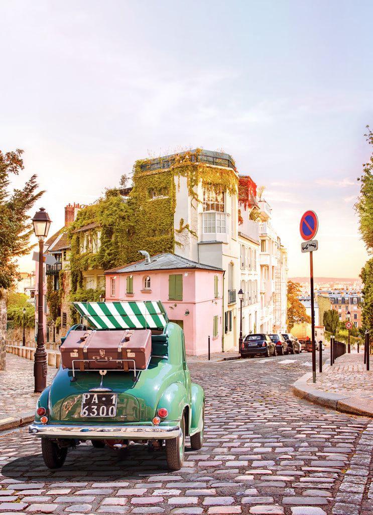 Montmartre art print by Paul Fuentes showing a classic car in the Paris Montmartre streets.
