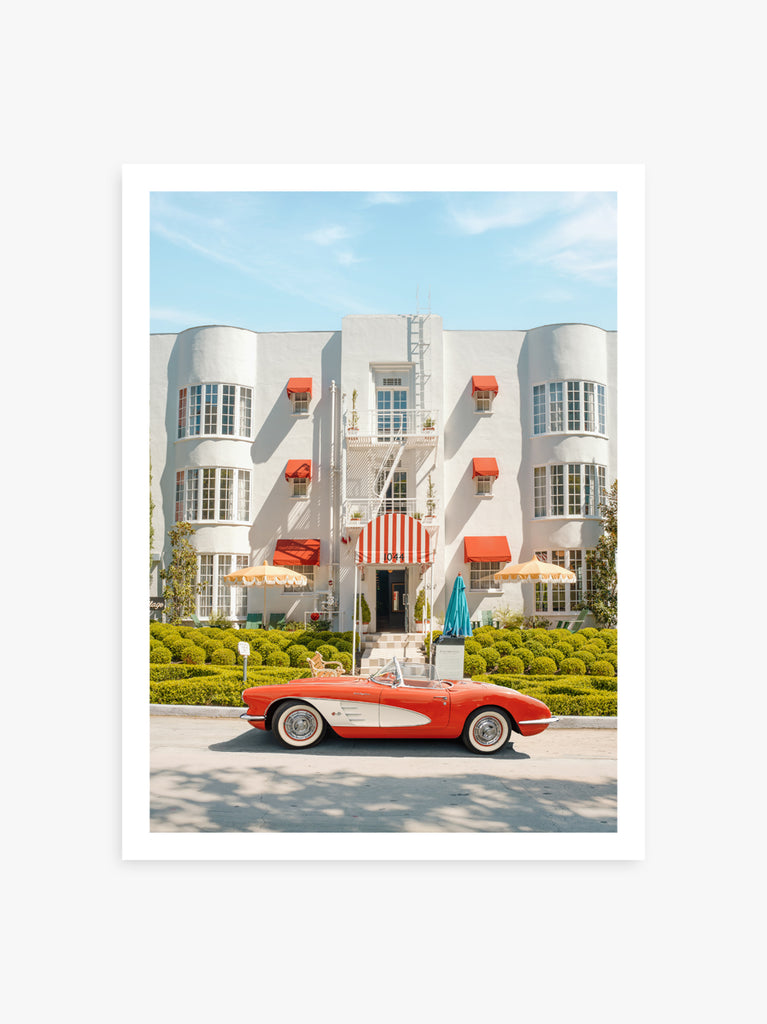 Exterior of the Pali Hotel in Los Angeles with retro details and classic car, fine art photography by Paul Fuentes.