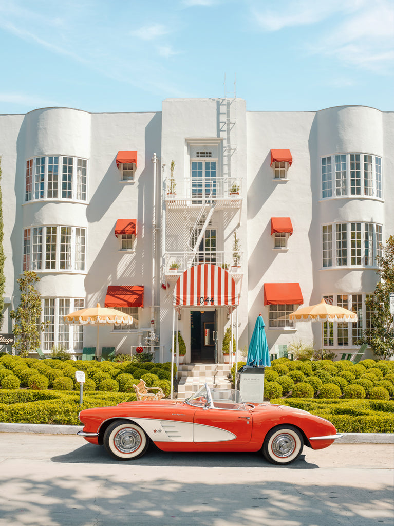 Exterior of the Pali Hotel in Los Angeles with retro details and classic car, fine art photography by Paul Fuentes.