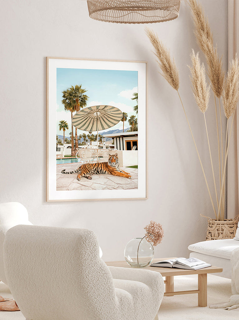 framed artwork of tiger under an vintage umbrella in Palm Springs, fine art photography by Paul Fuentes