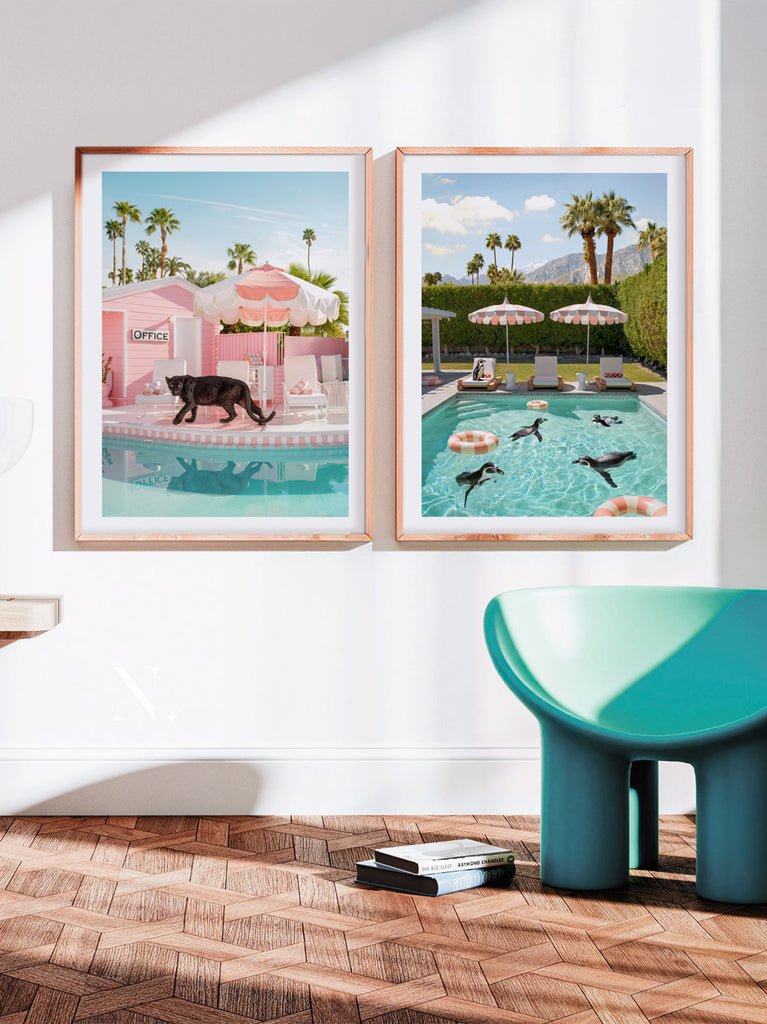 framed artwork of Penguins lounging  and swimming at the coco cabana in Palm Springs a fine art photograph by Paul Fuentes.