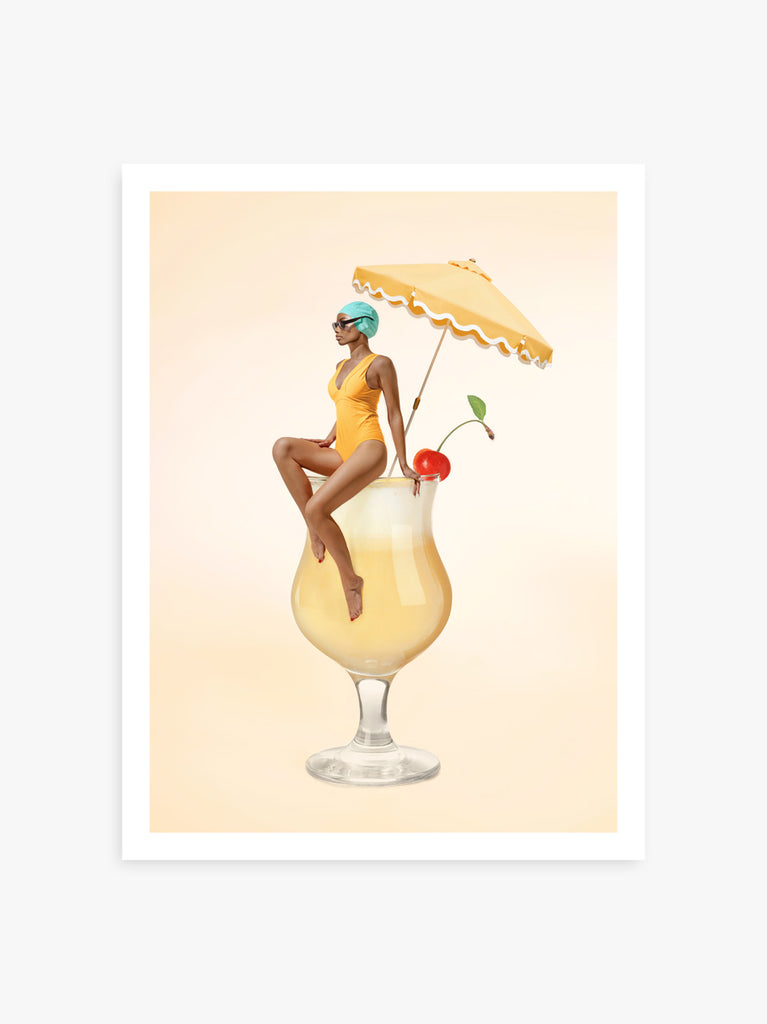 Piña Colada art print by Paul Fuentes of a woman in a yellow swimsuit sitting on a pina colada cocktail glass with a umbrella and a cherry on top on a yellow background.