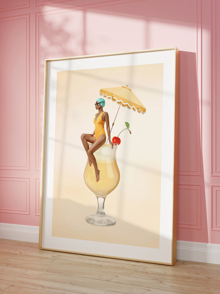Piña Colada art print by Paul Fuentes of a woman in a yellow swimsuit sitting on a pina colada cocktail glass with a umbrella and a cherry on top on a yellow background.
