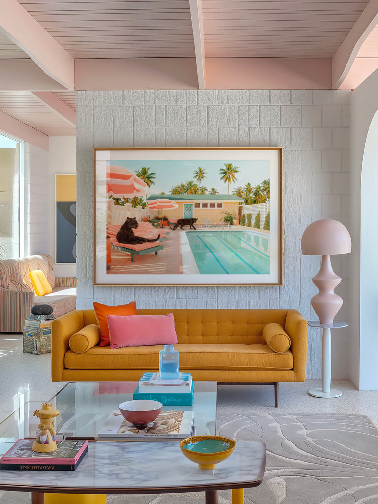framed artwork of two black panthers resting beside a modern pool, pastel colors, fine art photography by Paul Fuentes.