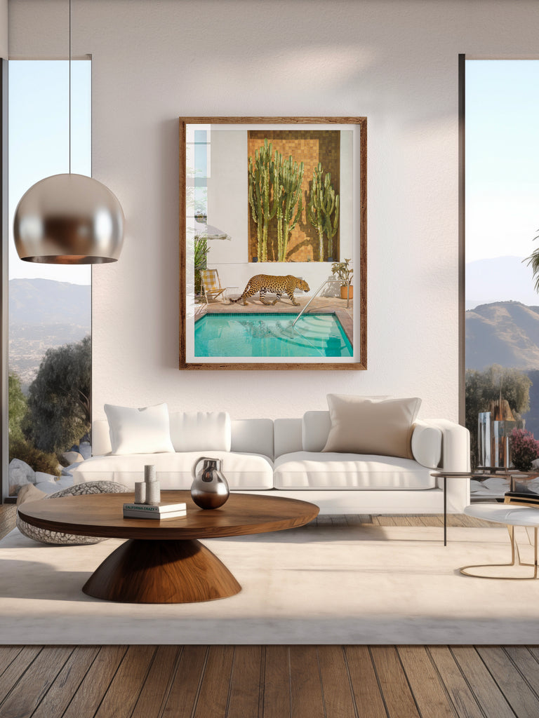 framed artwork of a Leopard on a Los Angeles rooftop at Palihotel Silverlake, with large cactus a fine art photography by Paul Fuentes.