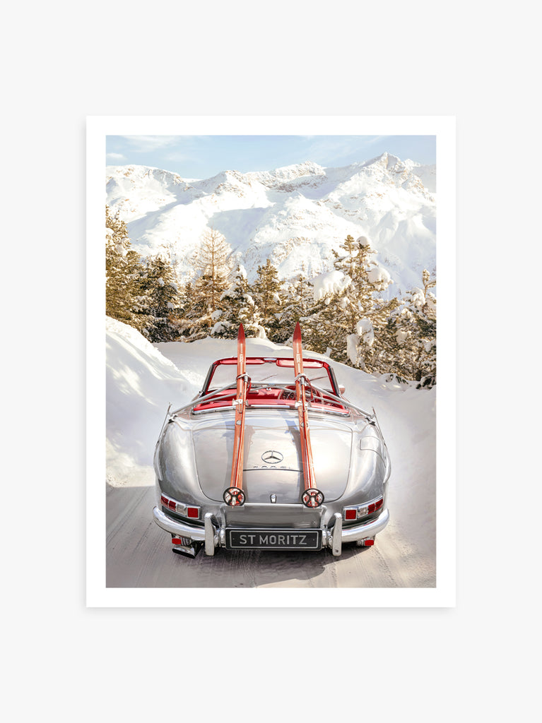 Artwork of a Mercedes-Benz 300SL car with skis on the roof, set against a snowy mountain backdrop in St. Moritz, fine art print by Paul Fuentes.