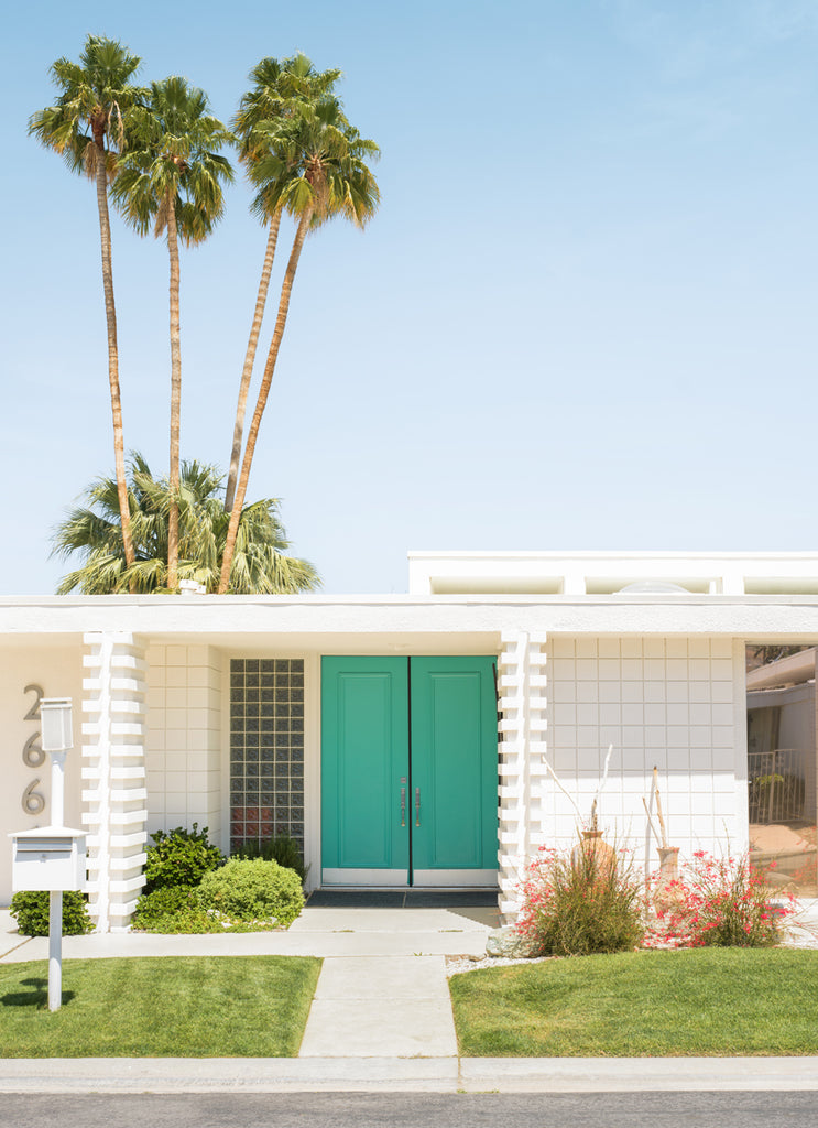 A turquoise front door of a house in Palm Spring with palm trees in the back, shoot by fine art photographer Paul Fuentes