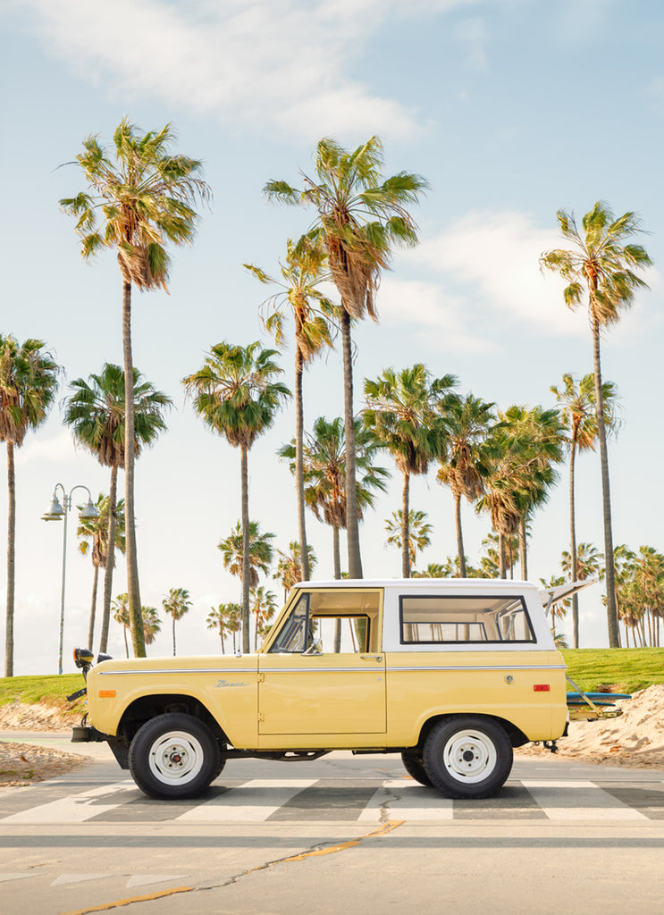 A vintage Bronco van parked on a road with palm trees in the background, representing the Venice Beach theme, Fine Art print by Paul Fuentes.
