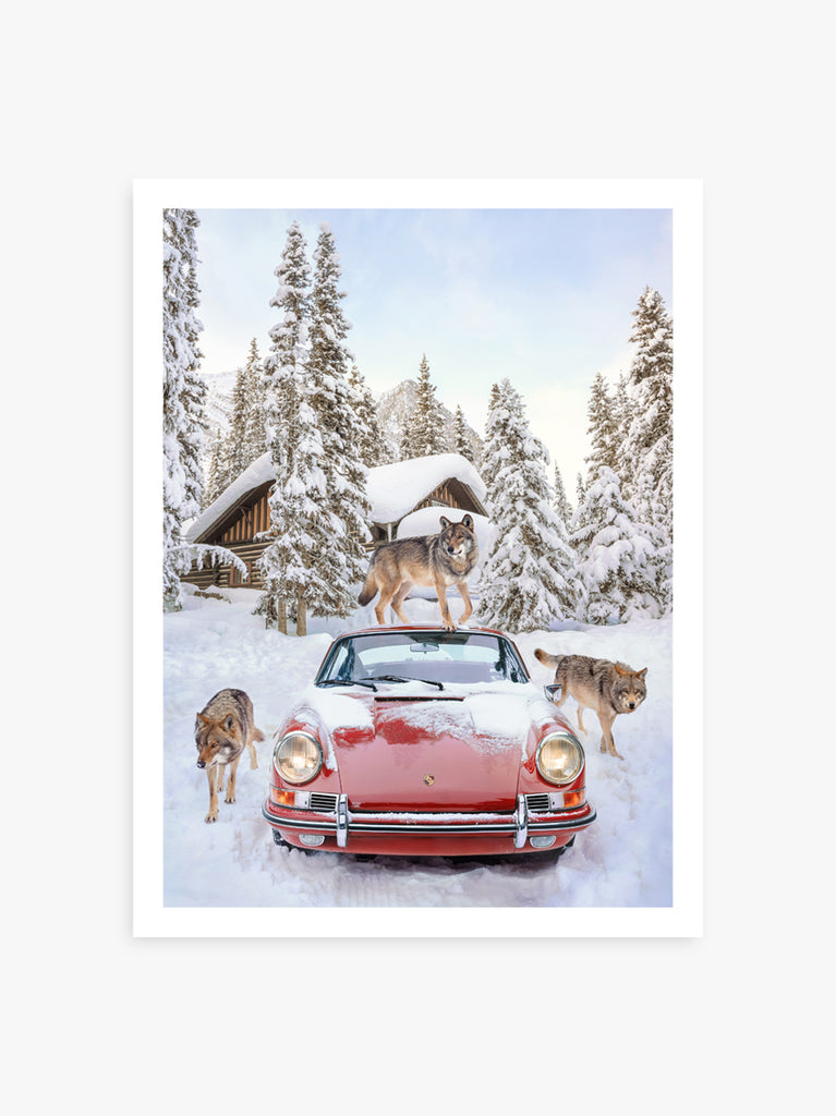 Art print by Paul Fuentes featuring three wolves standing on top of a red Porsche car, with snow and a forest in the background.