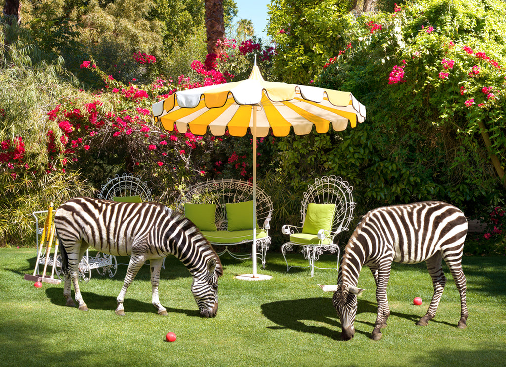 Zebras at The Parker art print by Paul Fuentes showing two zebras on the gras under yellow vintage umbrella at the Parker Palm Springs hotel.