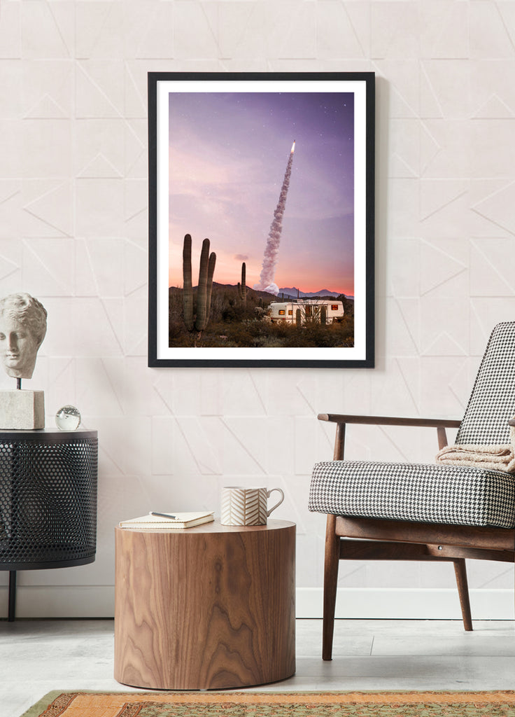 framed artwork of Caravan and rocket in the Mojave Desert, fine art photography by Paul Fuentes.