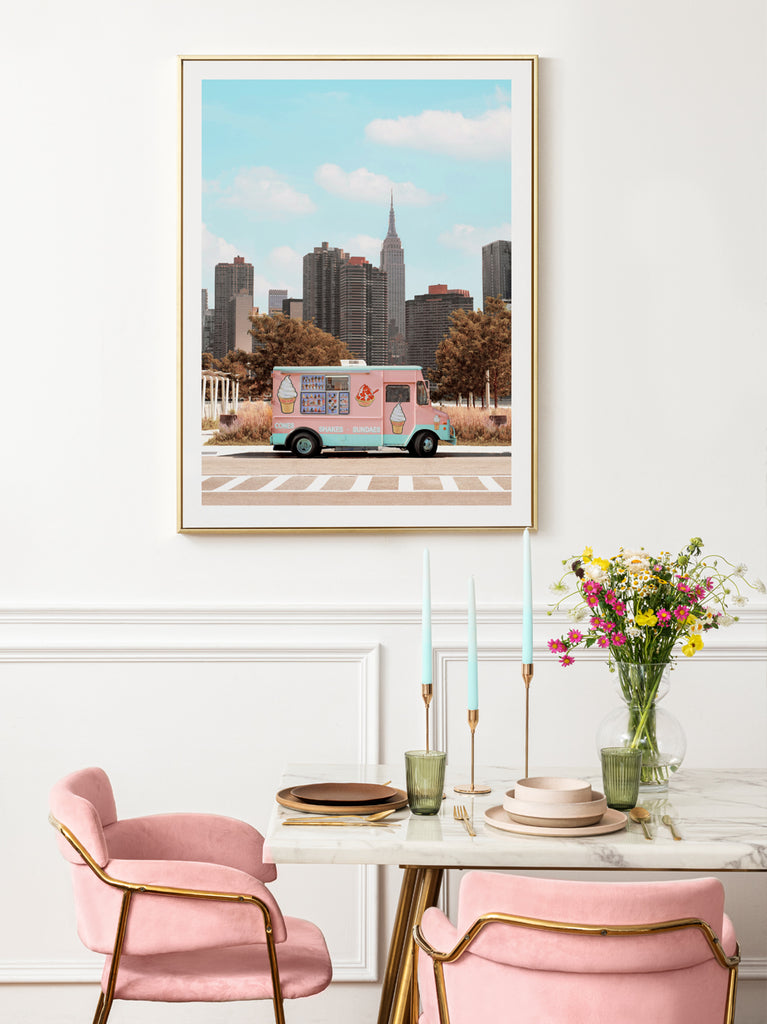 framed artwork of new york ice cream car by paul fuentes in minimal interior