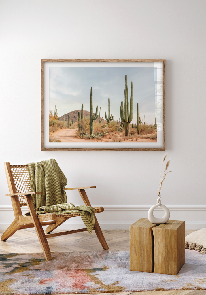 Framed artwork Desert landscape with cacti and soft pastel sky, fine art print by Paul Fuentes.