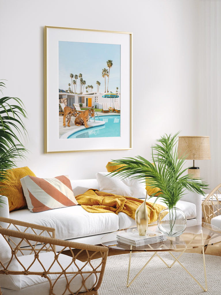 framed artwork of two tigers lounging by a Palm Springs pool, retro fine art photography by Paul Fuentes.