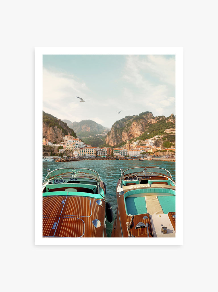 Amalfi Coast art print by Paul Fuentes featuring two wooden retro italian speed boats and amalfi coastal scenery.