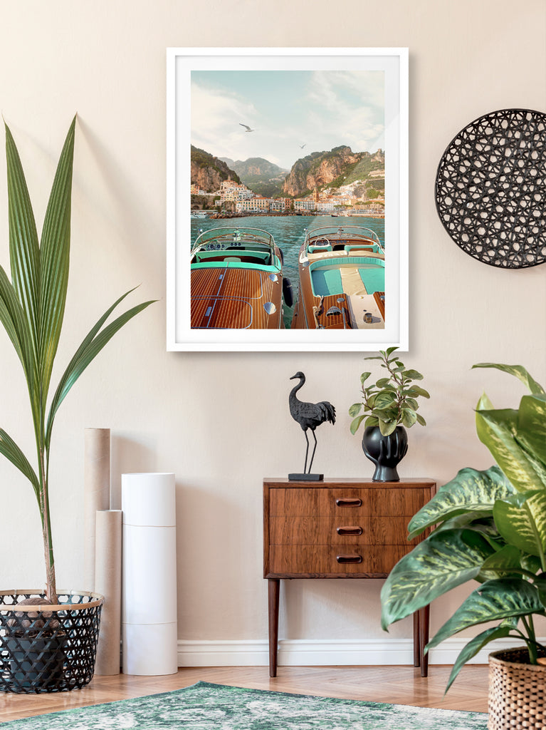 Amalfi Coast framed art print by Paul Fuentes featuring two wooden retro italian speed boats and amalfi coastal scenery.