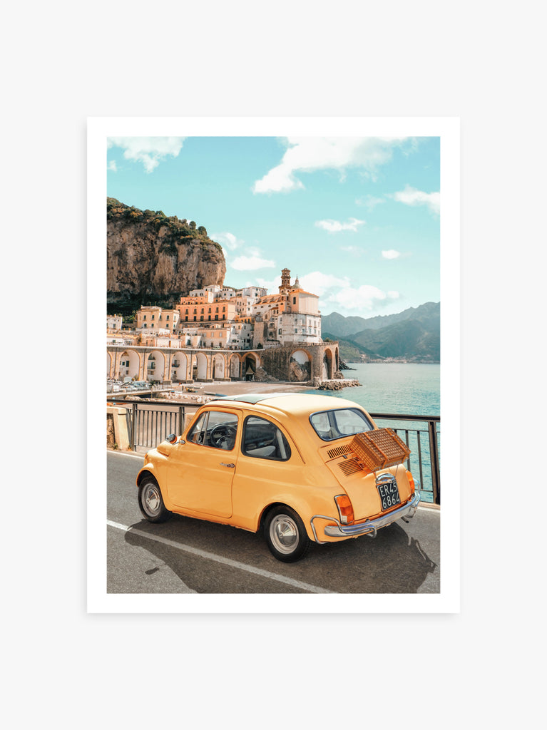 Colorful coastal town of Atrani on the Amalfi Coast, with yellow car, fine art photography print by Paul Fuentes.