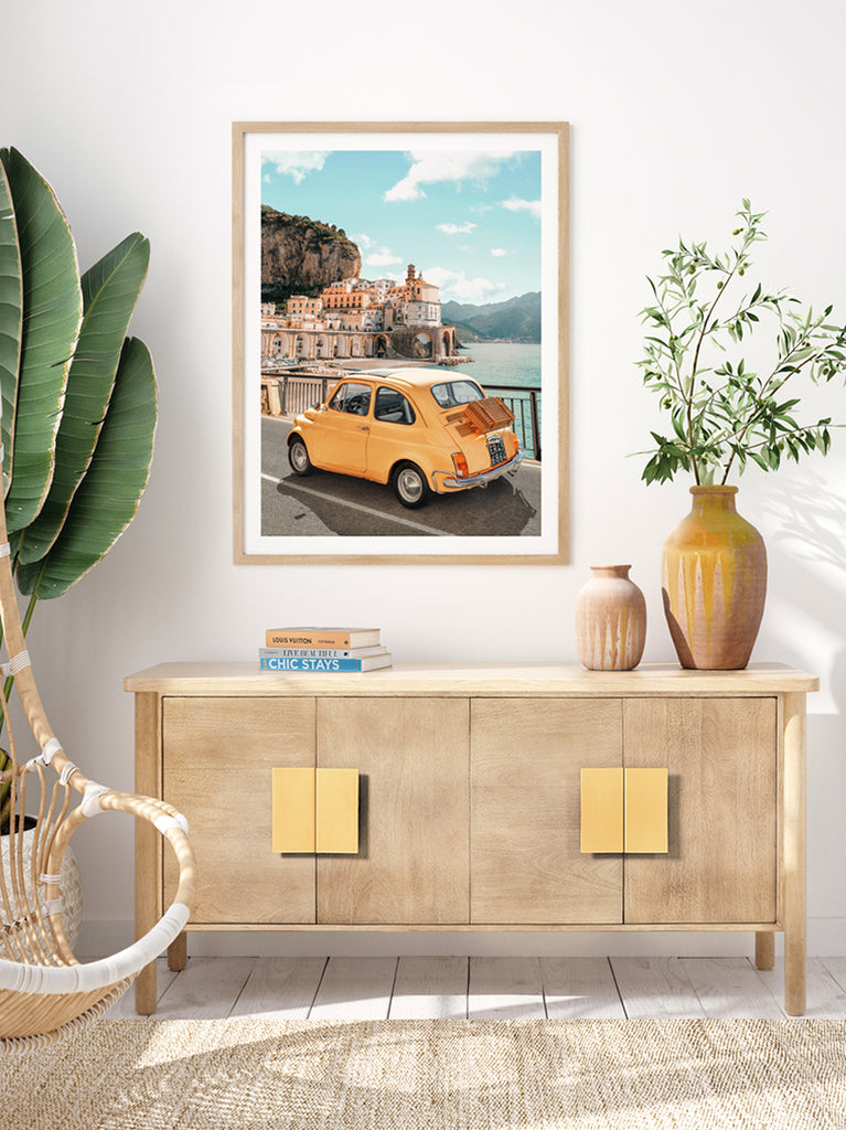 Framed artwork of colorful coastal town of Atrani on the Amalfi Coast, with yellow car, fine art photography print by Paul Fuentes.