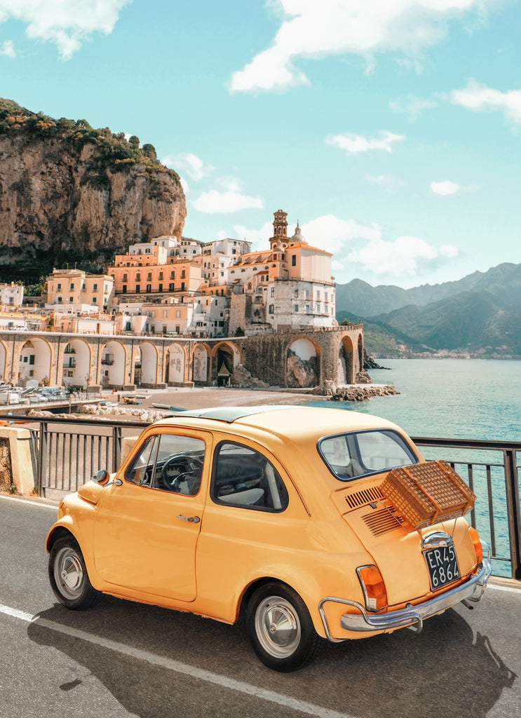 Colorful coastal town of Atrani on the Amalfi Coast, with yellow car, fine art photography print by Paul Fuentes.