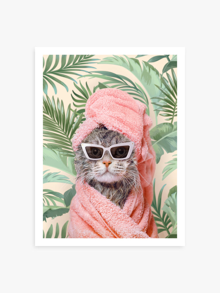 Art print by paul fuentes of a cat with sunglasses and a pink towel, set against a background with green leaf patterns.