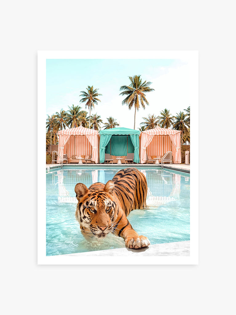 Tiger lounging by a pool cabana in Miami, tropical fine art photography by Paul Fuentes. inspired by the works of Slim Aarons.