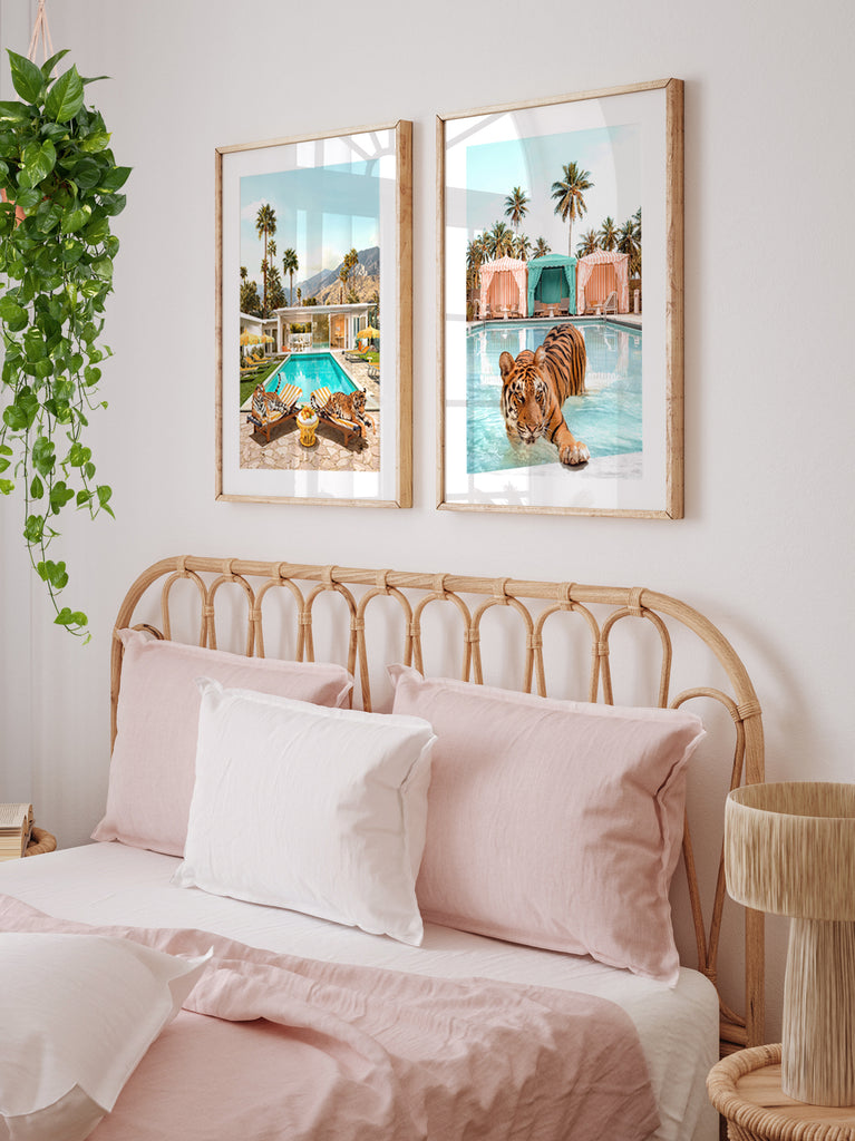 bedroom interior with framed artwork of Tiger lounging by a pool cabana in Miami, tropical fine art photography by Paul Fuentes. inspired by the works of Slim Aarons.
