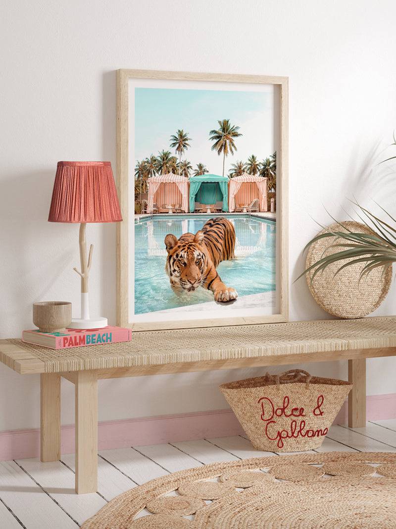 framed artwork of a Tiger lounging by a pool cabana in Miami, tropical fine art photography by Paul Fuentes. inspired by the works of Slim Aarons.