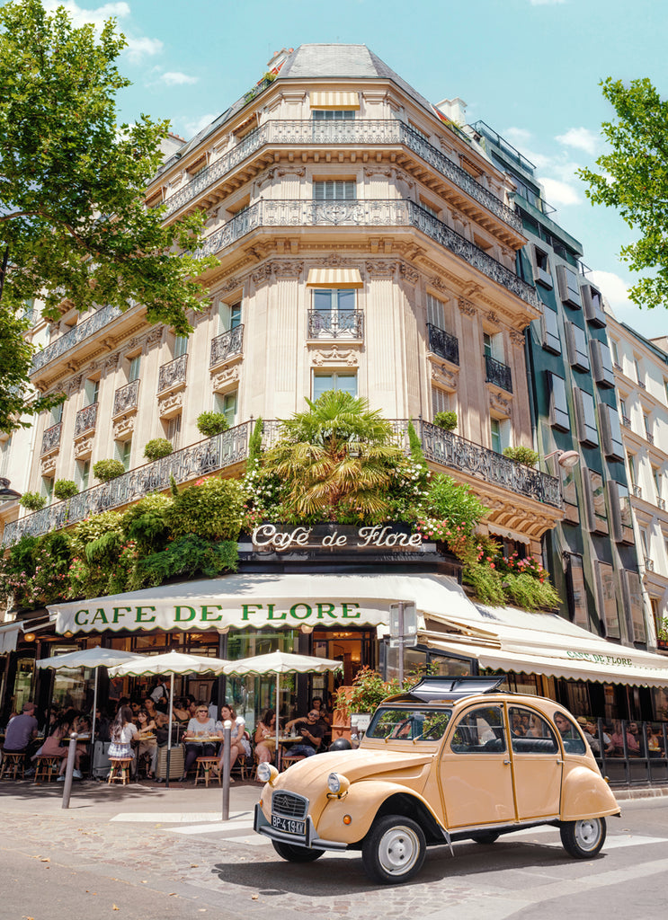 Pgotograph by Paul Fuentes featuring a classic image of the Cafe de Flore in Paris with a vintage car parked in front. 