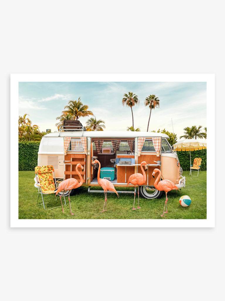 wall art by Paul Fuentes of flamingos camping in a classic volkswagen van with tropical vibes.