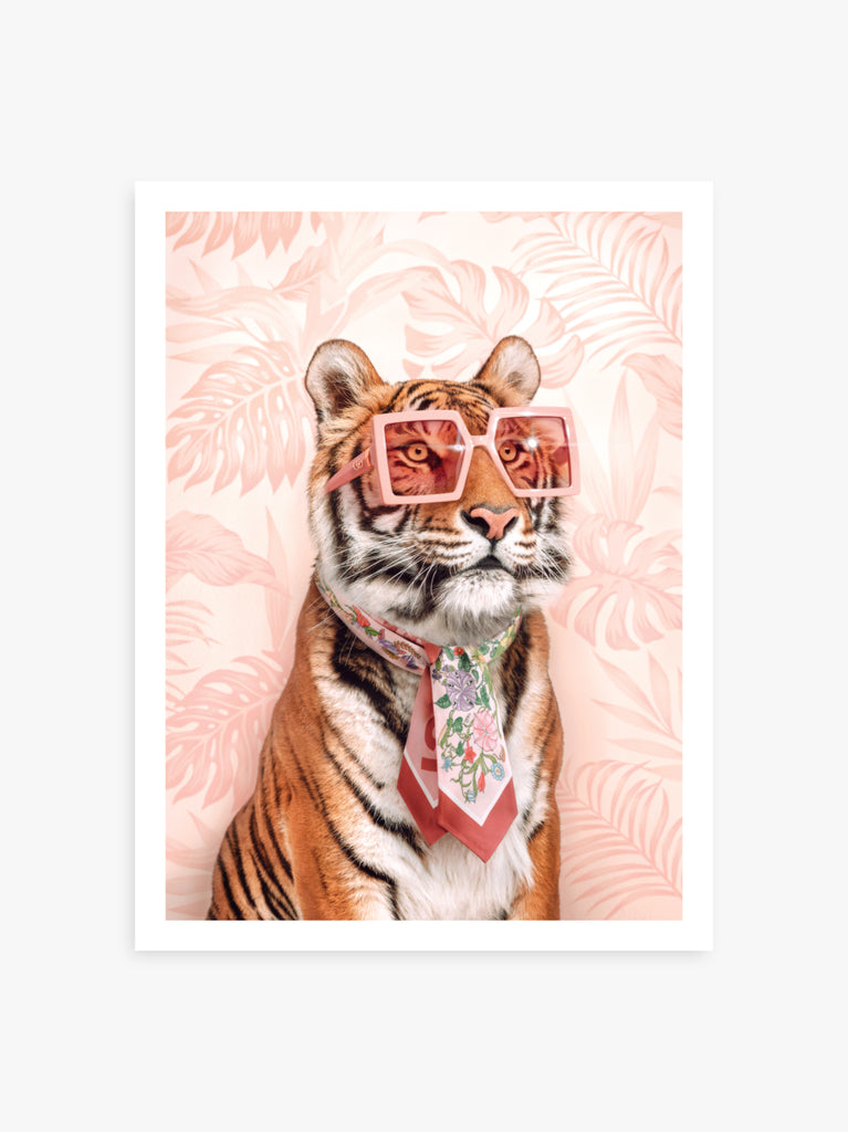Fashion Tiger art print by Paul Fuentes featuring A stylized image of a tiger wearing sunglasses and a necktie, with a pink floral background.