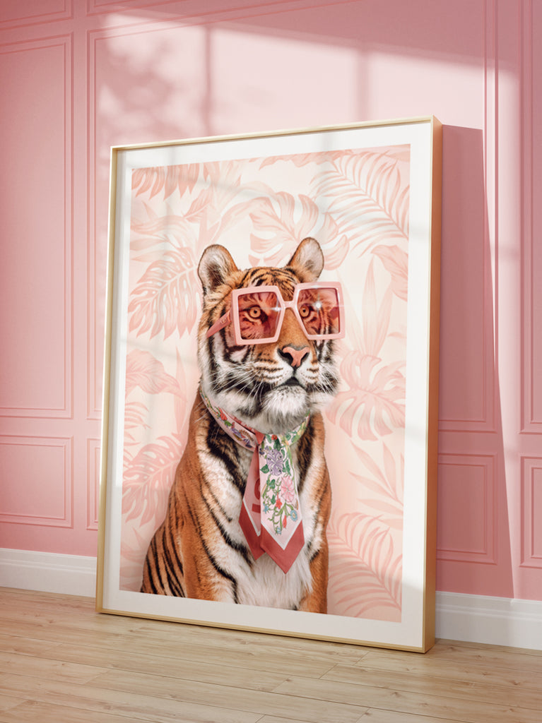 Fashion Tiger art print by Paul Fuentes featuring A stylized image of a tiger wearing sunglasses and a necktie, with a pink floral background.