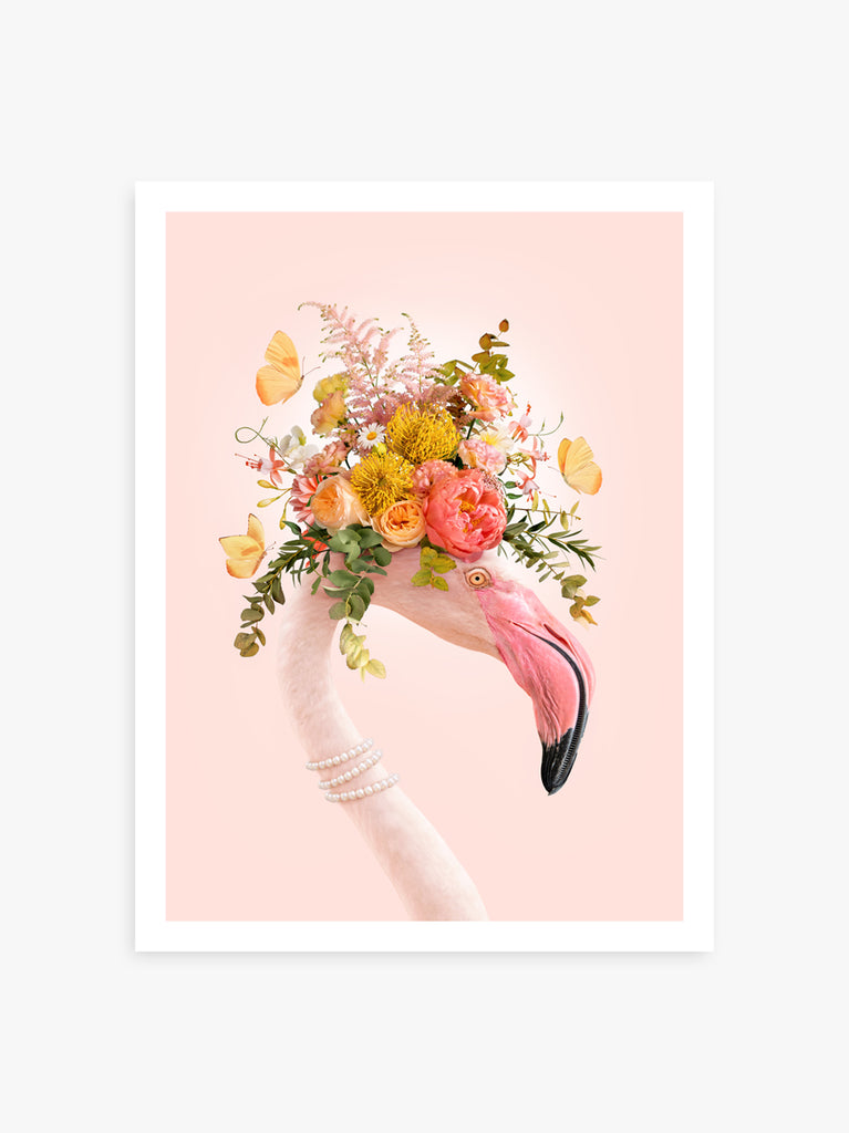 Floral Flamingo art print by Paul Fuentes featuring a flamingo portrait with flower crown on pink pastel background