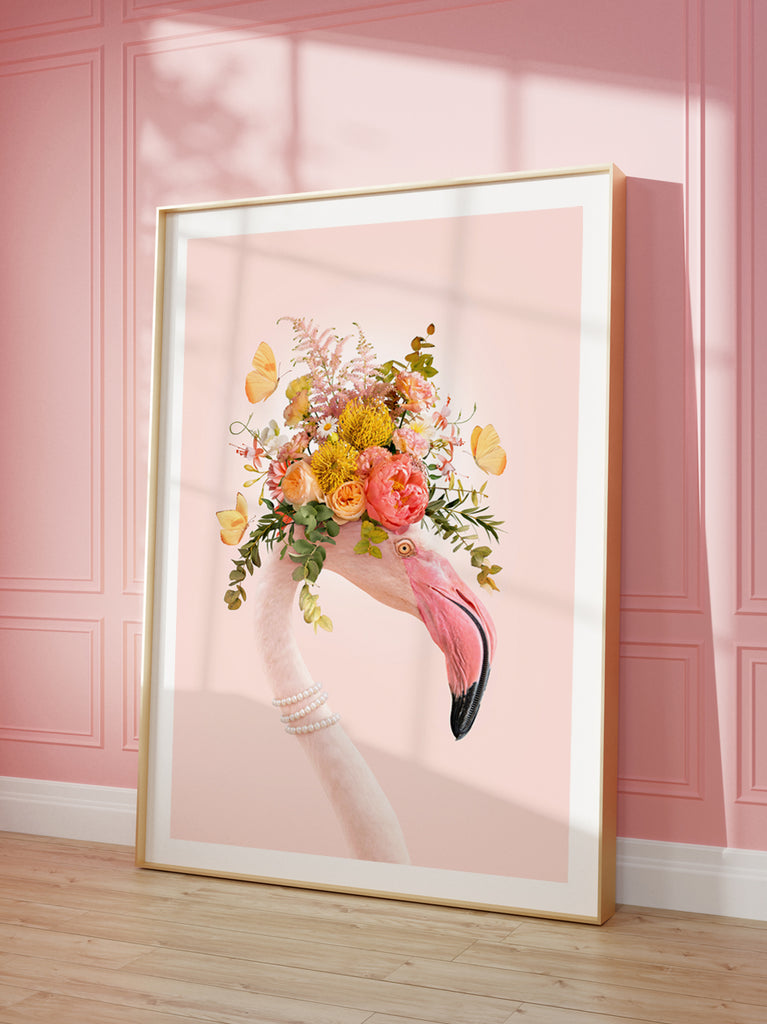 Floral Flamingo art print by Paul Fuentes featuring a flamingo portrait with flower crown on pink pastel background